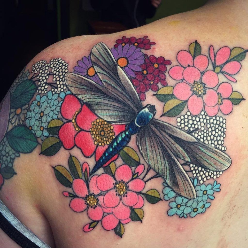 Picture of: Dragonfly And Flowers Tattoo  Libelula tatuaje, Tatuajes