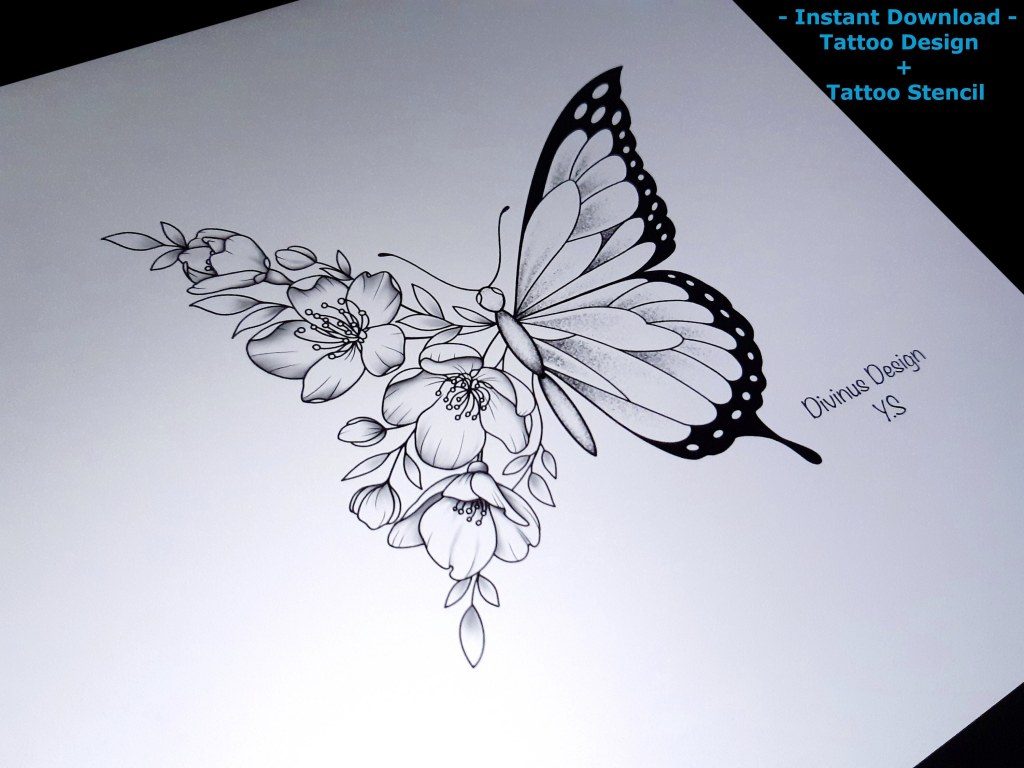 Picture of: Half Butterfly and Half Flowers Tattoo Design – Etsy